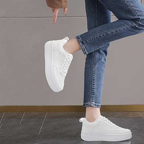 Memon Womens Size 11 White Faux Leather Basic Lace Up Platform Sneaker Shoes - Picture 6 of 7